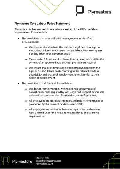 Plymasters Core Labour Policy Statement