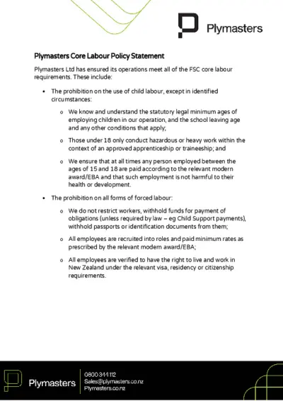Plymasters Core Labour Policy Statement