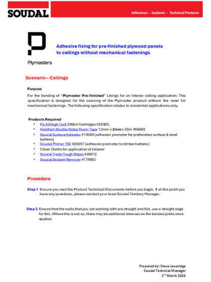 Adhesive fixing for pre-finished plywood panels to ceilings without mechanical fastenings