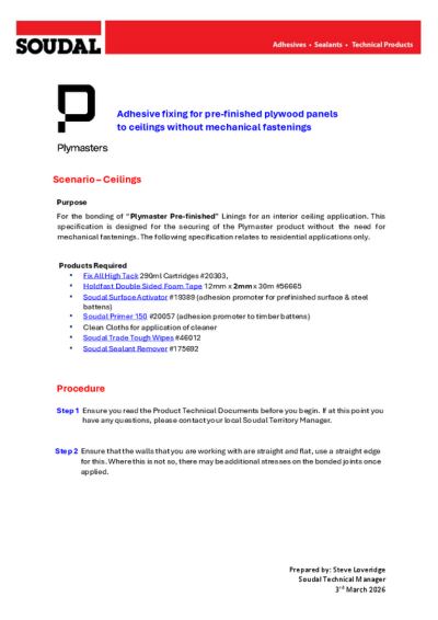Adhesive fixing for pre-finished plywood panels to ceilings without mechanical fastenings