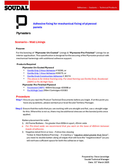 Adhesive fixing for mechanical fixing of plywood panels