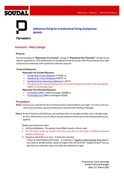 Adhesive fixing for un-coated plywood panels - With mechanical fastenings