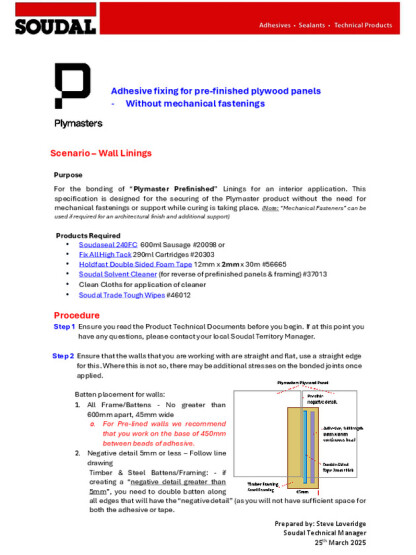 Adhesive fixing for pre-finished plywood panels - Without mechanical fastenings
