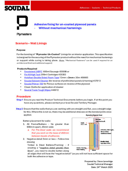 Adhesive fixing for un-coated plywood panels - Without mechanical fastenings