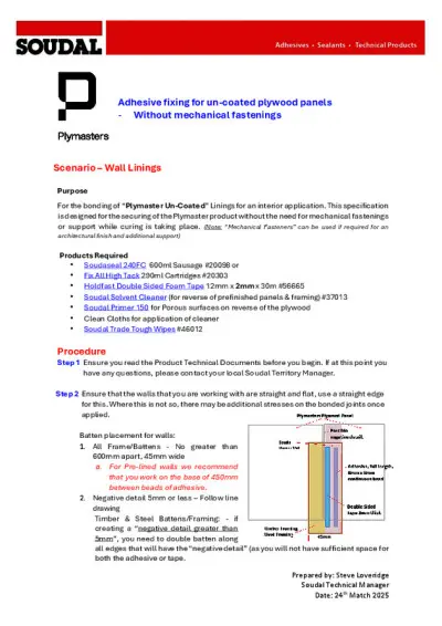 Adhesive fixing for un-coated plywood panels - Without mechanical fastenings