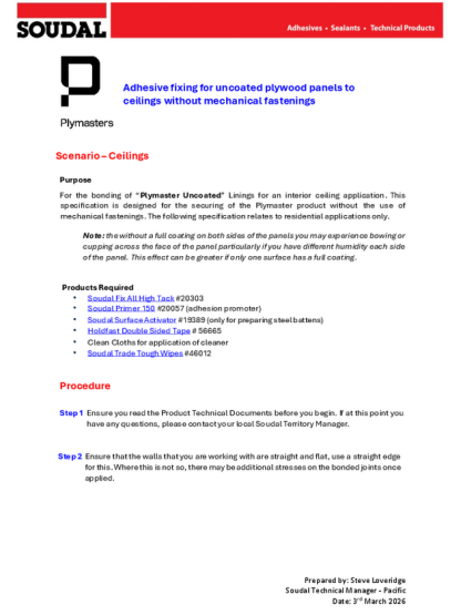 Adhesive fixing for un-coated plywood panels  - Without mechanical fastenings 