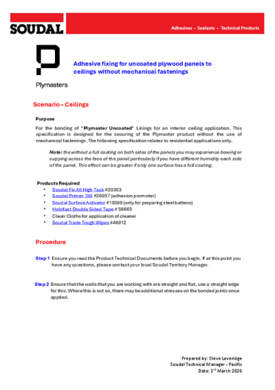 Adhesive fixing for un-coated plywood panels  - Without mechanical fastenings 
